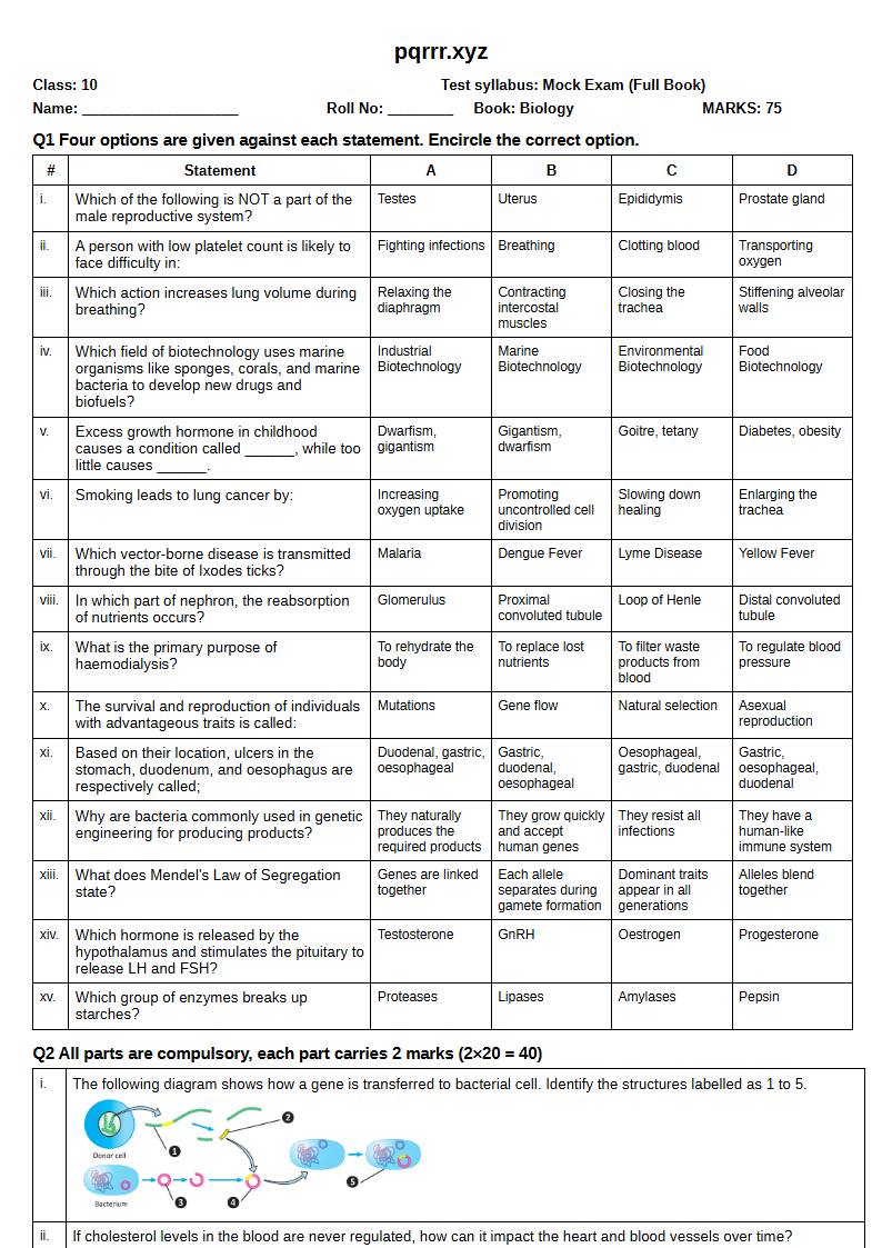 First page of 10th Biology – Complete book – Mock Exam, 75 marks (English)
