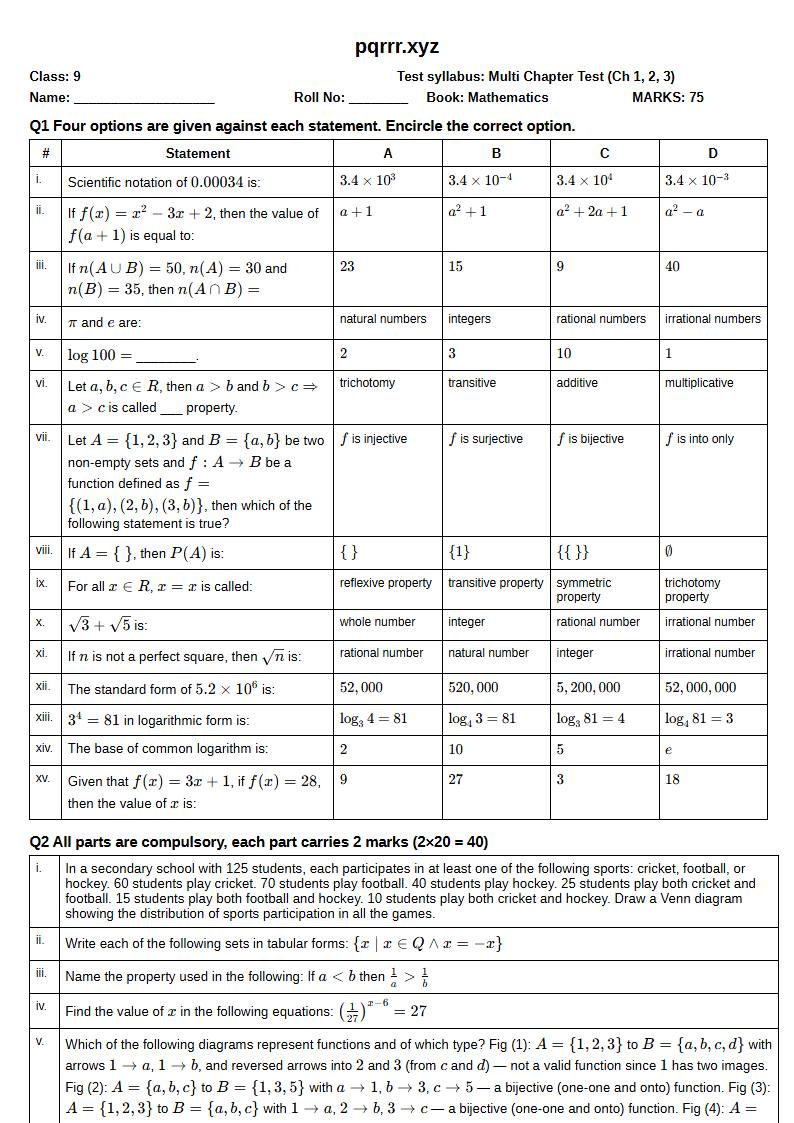 First page of 9th Mathematics – Chapters 1–3 – Multi Chapter Test, 75 marks (English)