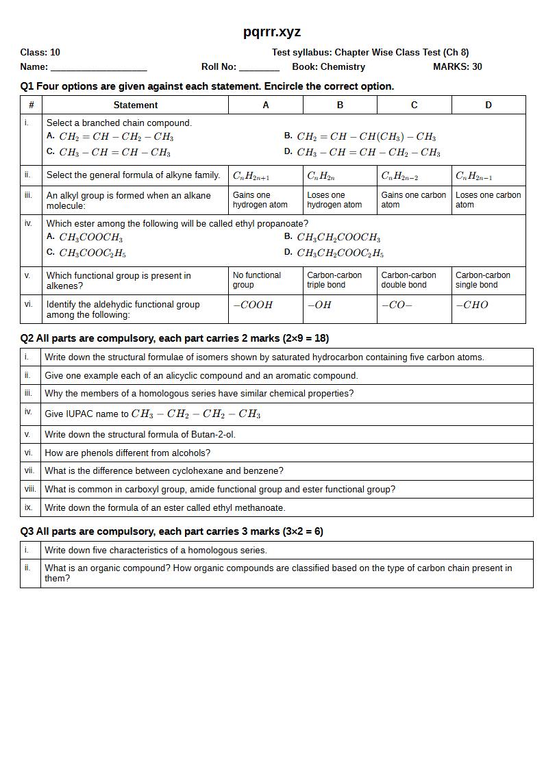 First page of 10th Chemistry – Chapter 8 – Organic Chemistry – Chapter Wise Class Test, 30 marks (English)