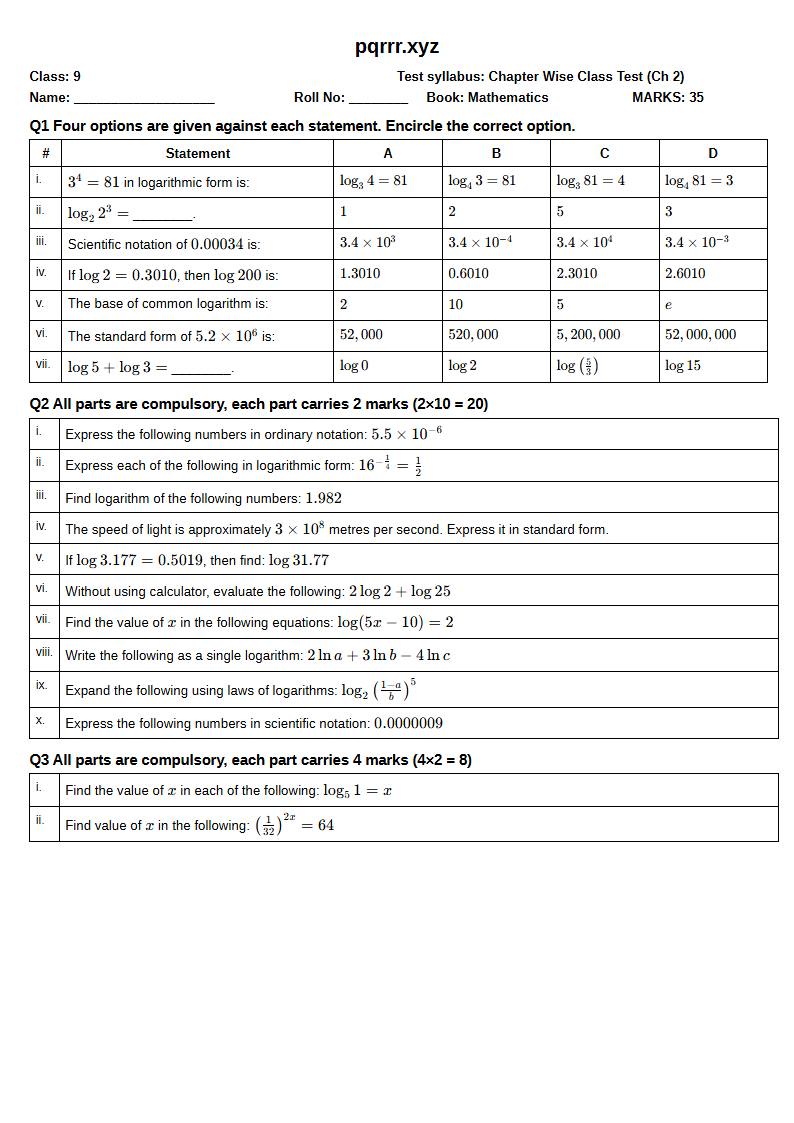 First page of 9th Mathematics – Chapter 2 – Logarithms – Chapter Wise Class Test, 35 marks (English)