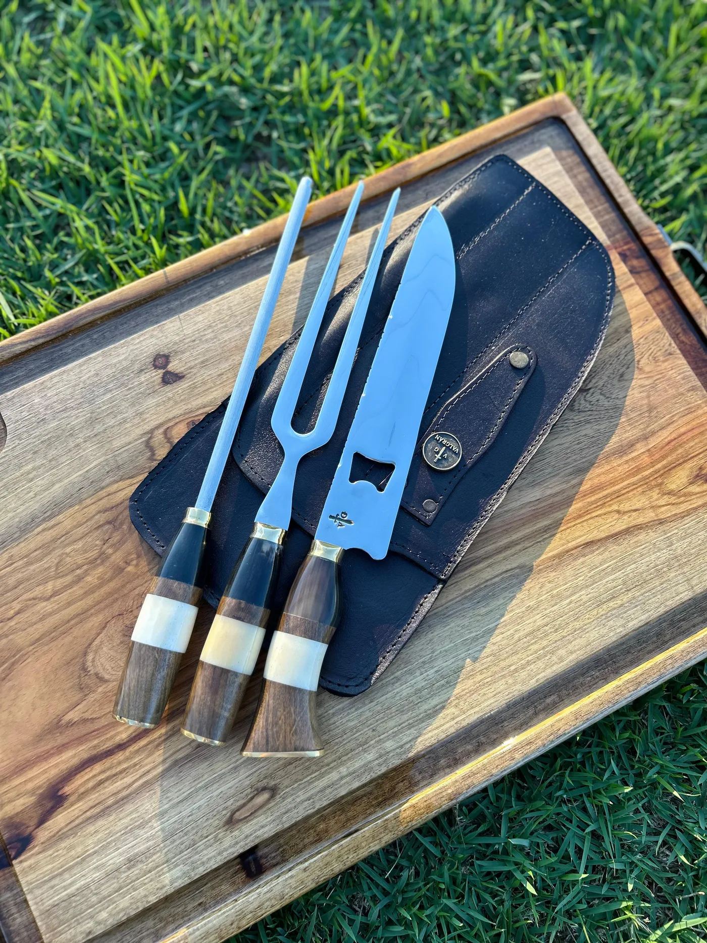Tri Conjunto Artesanal Valgran - Cuchillo Abridor + Tenedor + Chaira