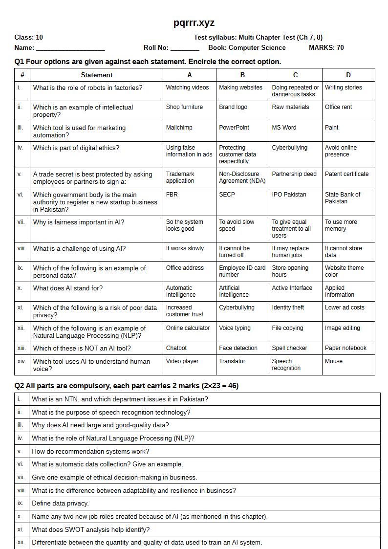 First page of 10th Computer Science – Chapters 7–8 – Multi Chapter Test, 70 marks (English)
