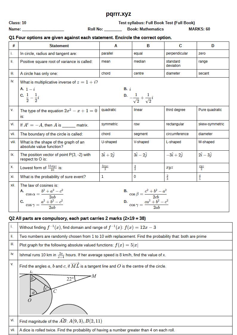 First page of 10th Mathematics – Complete book – Full Book Test, 60 marks (English)