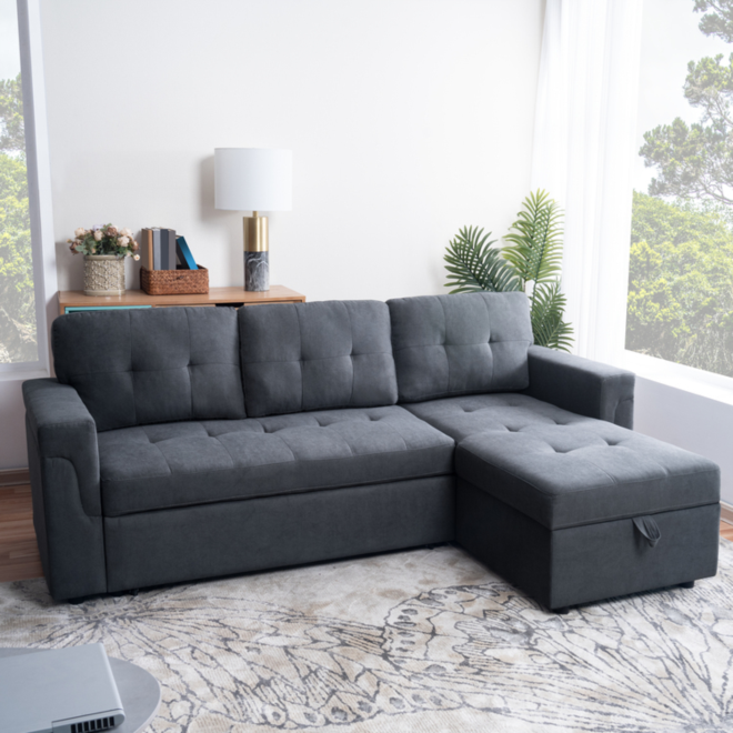 Naomi Home Perry Modern Sectional Sofa with Storage Chaise - Dark Gray, Velvet