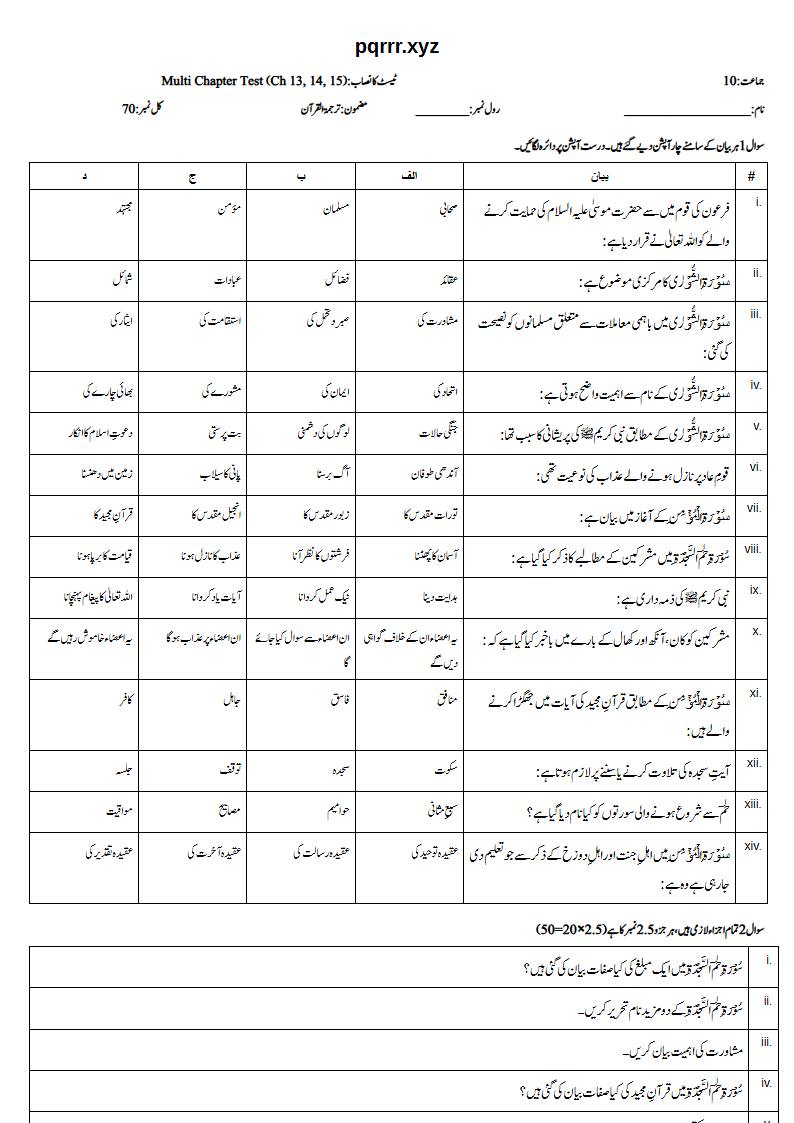 First page of 10th Tarjama-tul-Quran – Chapters 13–15 – Multi Chapter Test, 70 marks (Urdu)