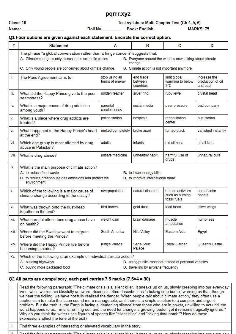 First page of 10th English – Chapters 4–6 – Multi Chapter Test, 75 marks (English)