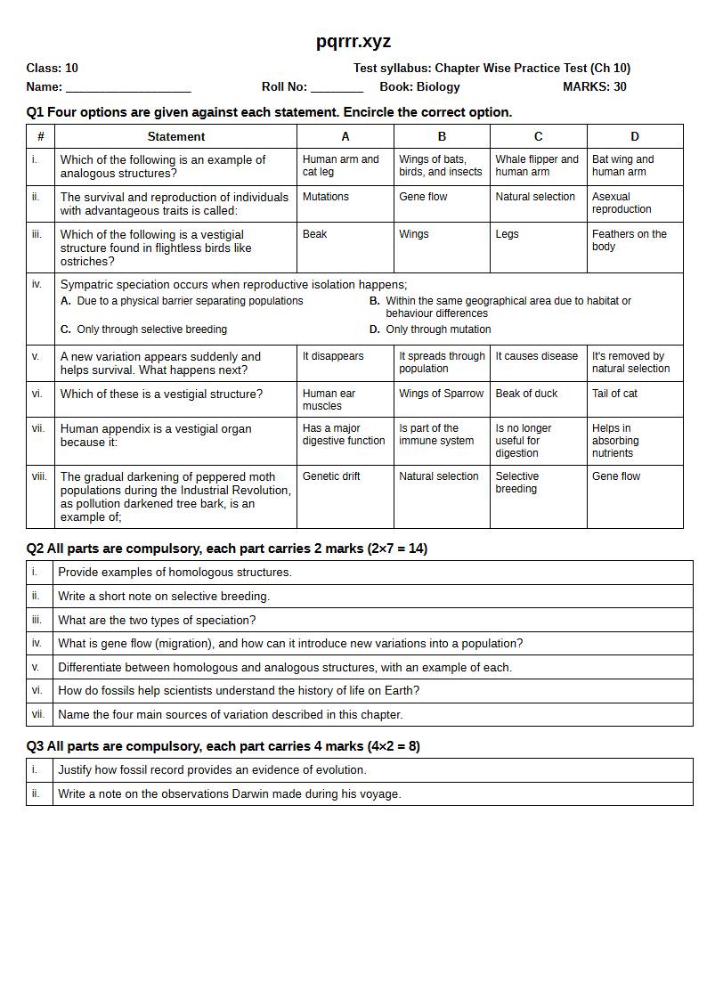 First page of 10th Biology – Chapter 10 – Evolution – Chapter Wise Practice Test, 30 marks (English)