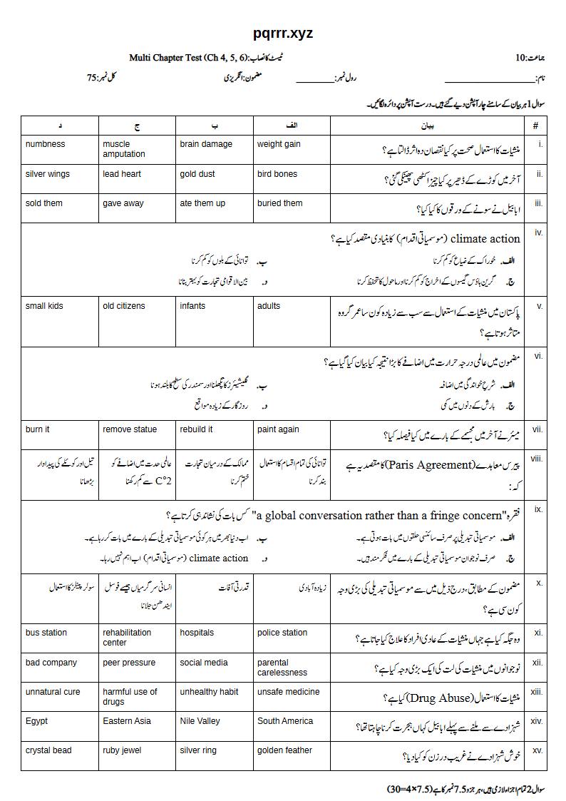 First page of 10th English – Chapters 4–6 – Multi Chapter Test, 75 marks (Urdu)