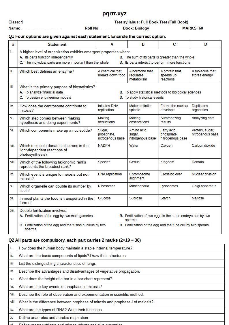 First page of 9th Biology – Complete book – Full Book Test, 60 marks (English)