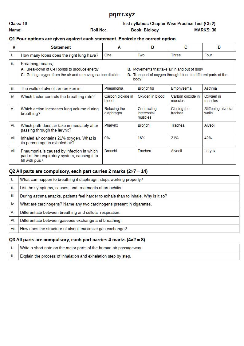 First page of 10th Biology – Chapter 2 – Human Respiratory System – Chapter Wise Practice Test, 30 marks (English)