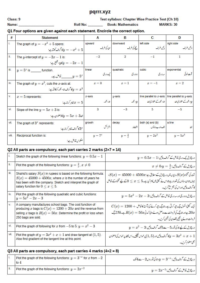 First page of 9th Mathematics – Chapter 10 – Graphs of Functions – Chapter Wise Practice Test, 30 marks (English + Urdu)