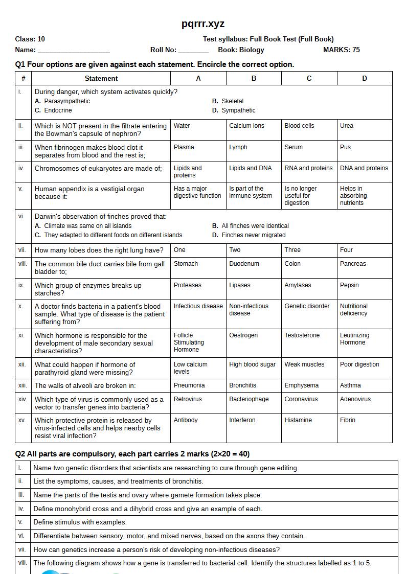 First page of 10th Biology – Complete book – Full Book Test, 75 marks (English)