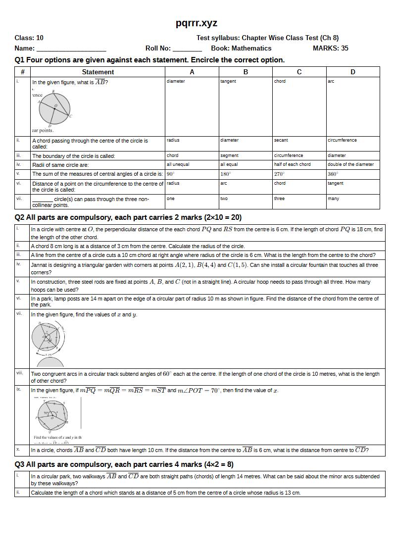 First page of 10th Mathematics – Chapter 8 – Chords and Arcs of a Circle – Chapter Wise Class Test, 35 marks (English)