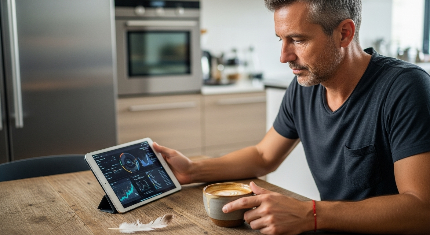 Ein Mann mittleren Alters sitzt an einem Holztisch, unscharfe moderne Küche im Hintergrund; er blickt auf ein Tablet, hält eine Kaffeetasse, rotes Armband; neben dem Tablet eine weiße Feder.