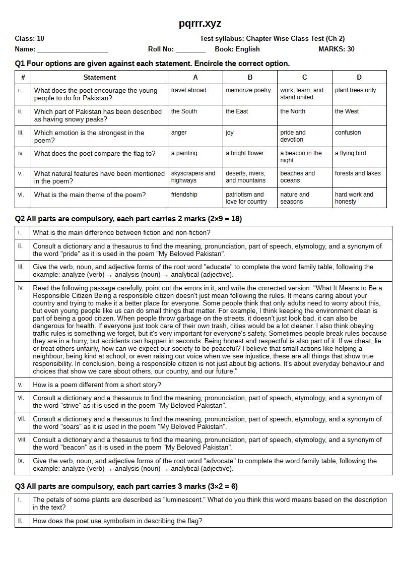 First page of 10th English – Chapter 2 – My Beloved Pakistan – Chapter Wise Class Test, 30 marks (English)