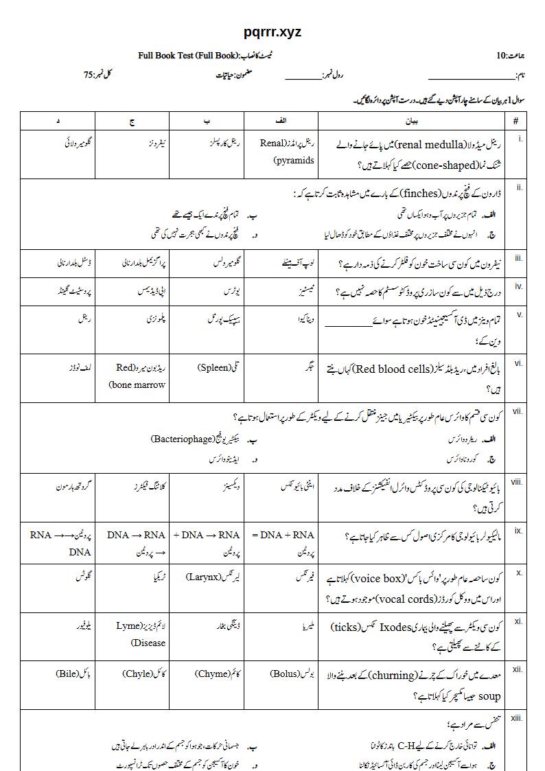 First page of 10th Biology – Complete book – Full Book Test, 75 marks (Urdu)
