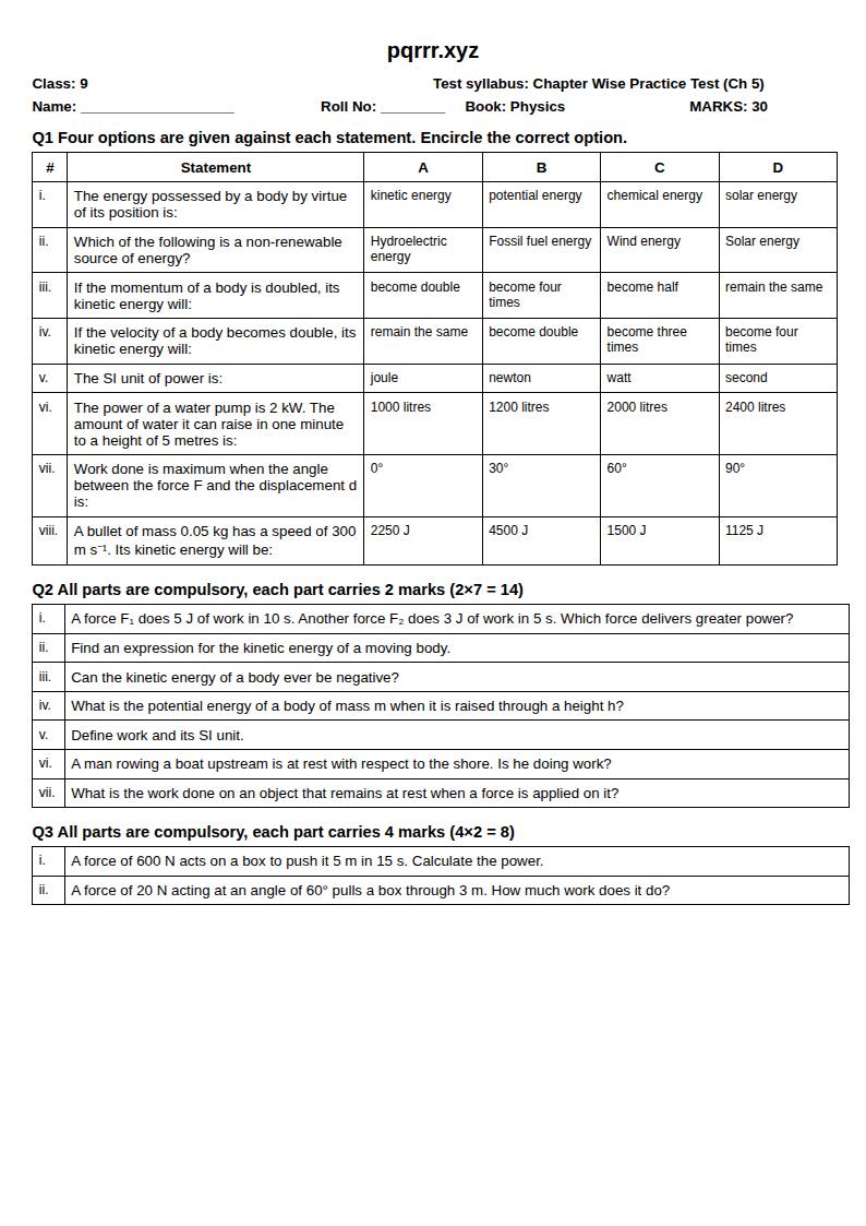 First page of 9th Physics – Chapter 5 – Work, Energy and Power – Chapter Wise Practice Test, 30 marks (English)