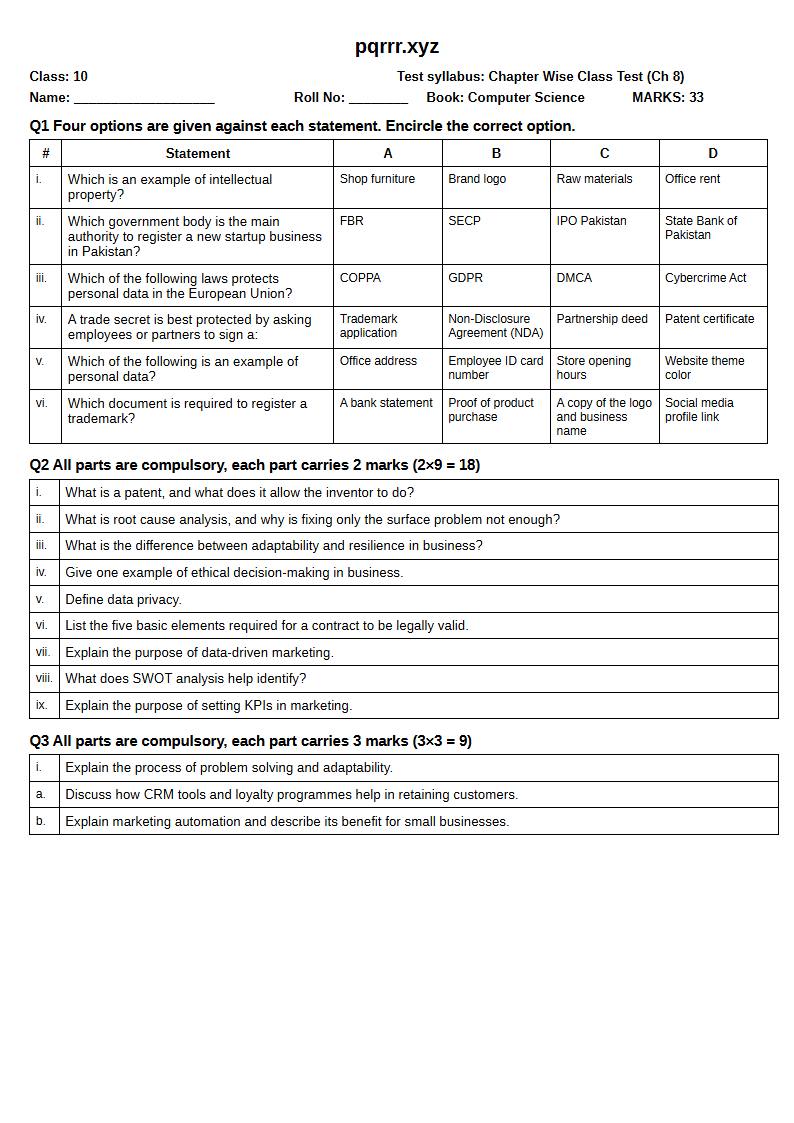 First page of 10th Computer Science – Chapter 8 – Digital Entrepreneurship – Chapter Wise Class Test, 30 marks (English)