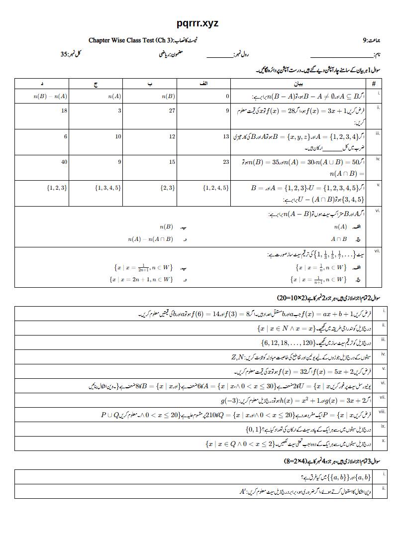 First page of 9th Mathematics – Chapter 3 – Set and Functions – Chapter Wise Class Test, 35 marks (Urdu)