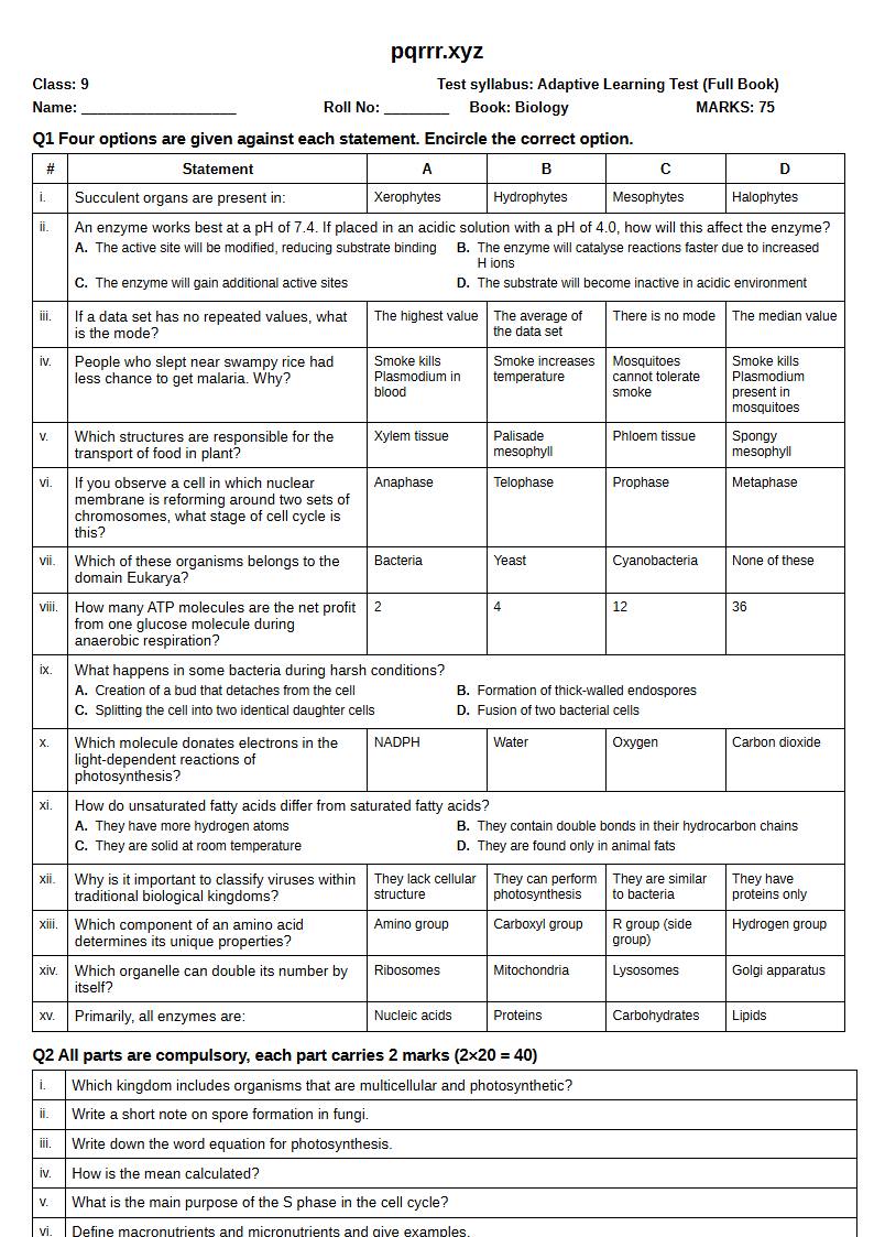 First page of 9th Biology – Complete book – Adaptive Learning Test, 75 marks (English)