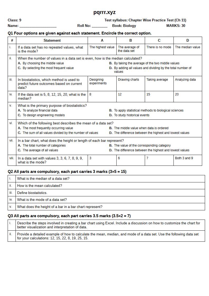 First page of 9th Biology – Chapter 11 – Biostatistics – Chapter Wise Practice Test, 30 marks (English)