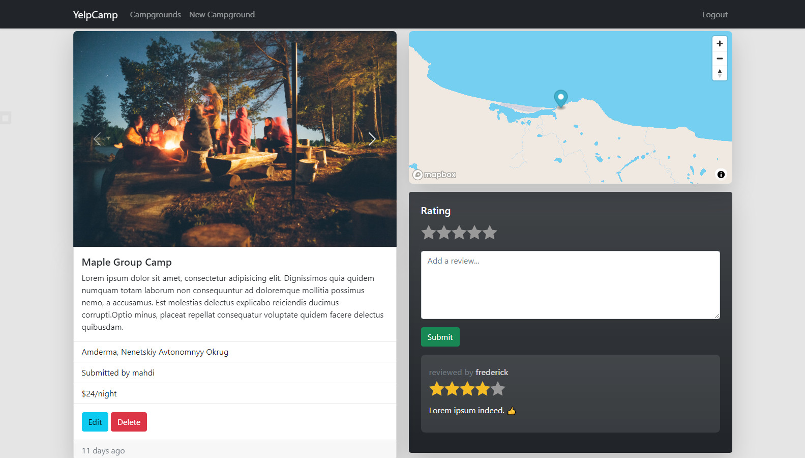 screenshot of a campsite posting on yelpcamp