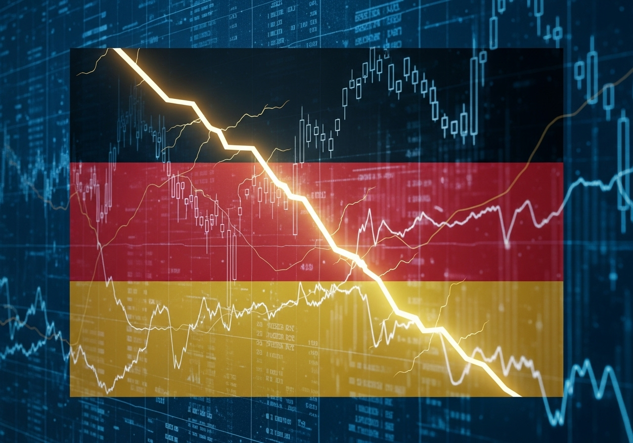 Deutsche Flagge mit stilisiertem Riss vor Finanzdiagrammen