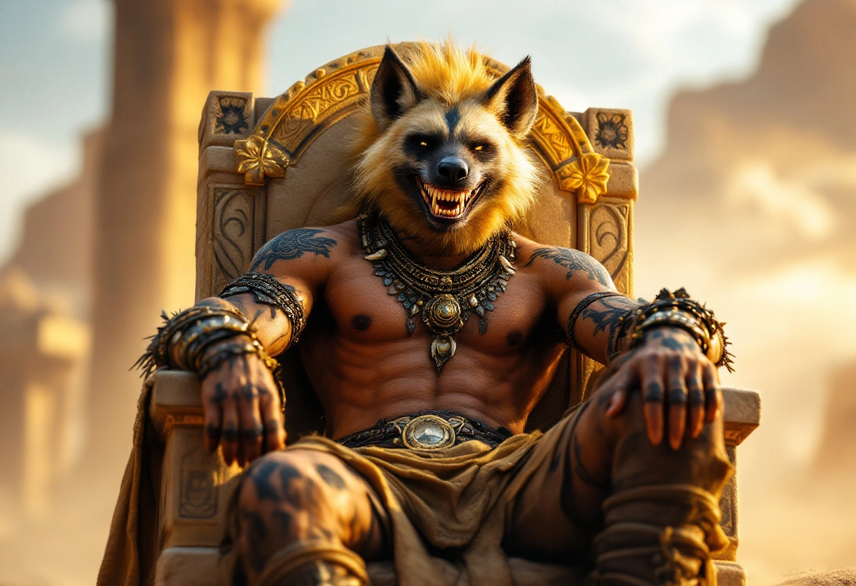 anthro hyena (head of a hyena, body of a man) Shirtless, muscular, and scarred in the warrior way. His fur is a bit scruffy, wild—mismatched eyes, big grin with a gold tooth. Wears layered tribal jewelry—bone necklaces, bronze rings, leather armbands. Maybe even body paint, ancient markings.
perched on a stone throne, one leg draped over the armrest, staring with teeth bared in a half-laugh.
Deep desert ruins golden hour light, bones or feathers scattered, a sacred artifact in the background. Raw, feral energy. He’s beautiful but untamed. A beast you summon, not tame.