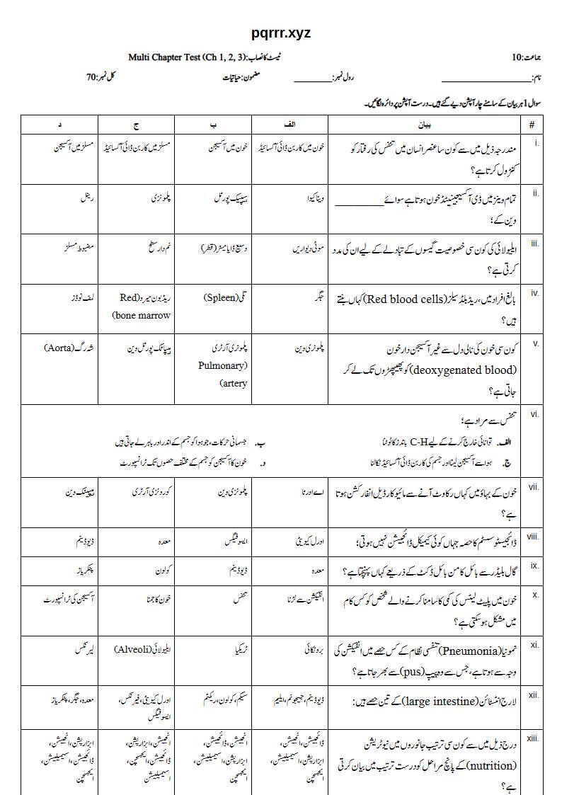 First page of 10th Biology – Chapters 1–3 – Multi Chapter Test, 70 marks (Urdu)