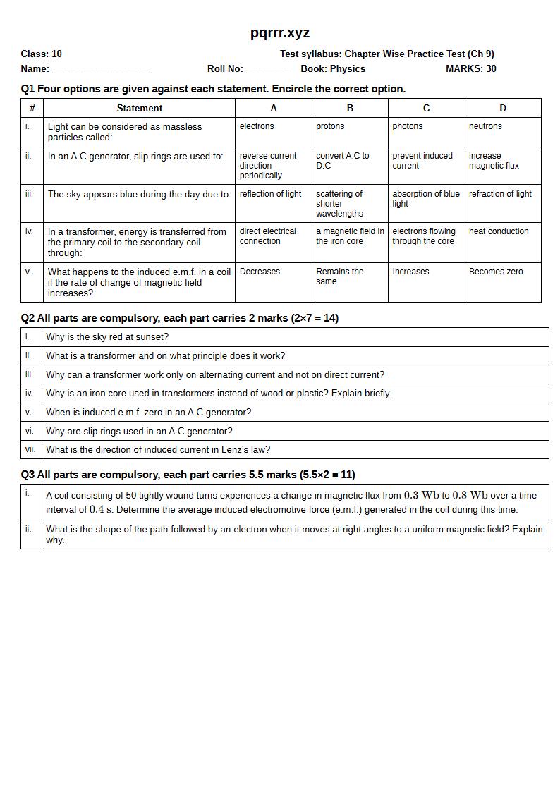 First page of 10th Physics – Chapter 9 – Electromagnetic Induction and Electromagnetic Waves – Chapter Wise Practice Test, 30 marks (English)