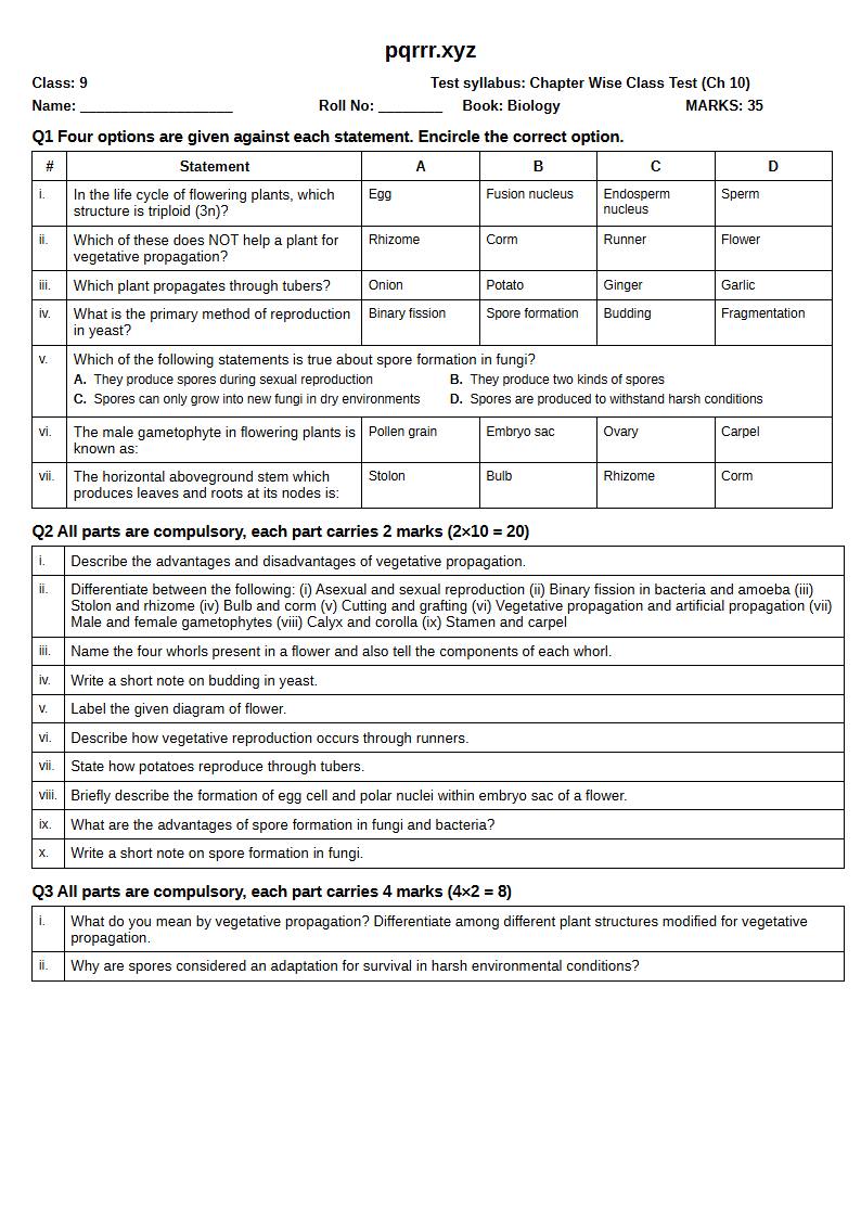 First page of 9th Biology – Chapter 10 – Reproduction in Plants – Chapter Wise Class Test, 35 marks (English)