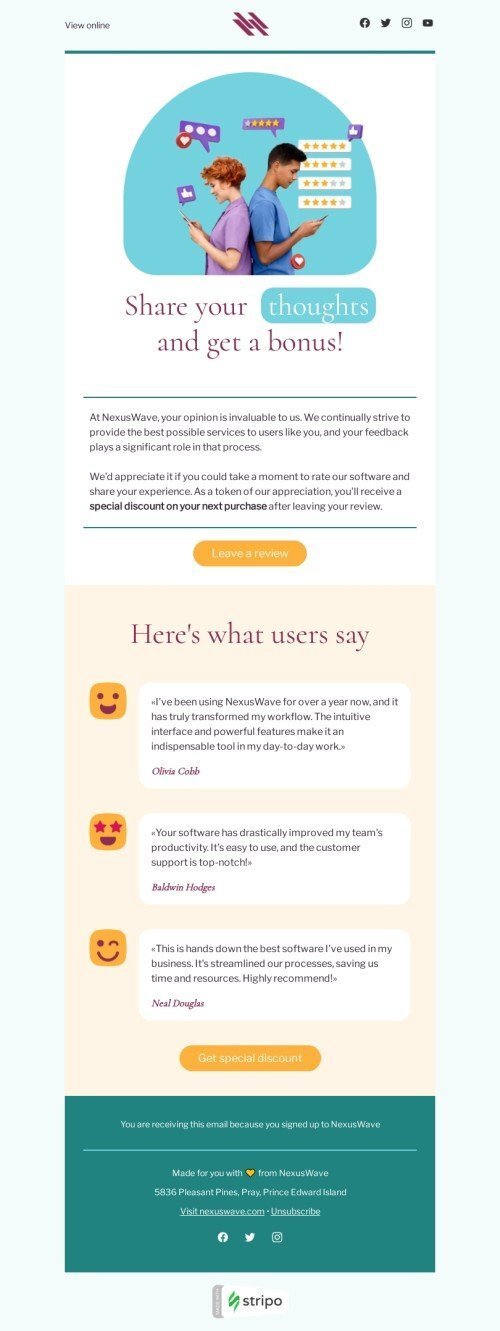 SaaS email template "Share your thoughts" for business industry