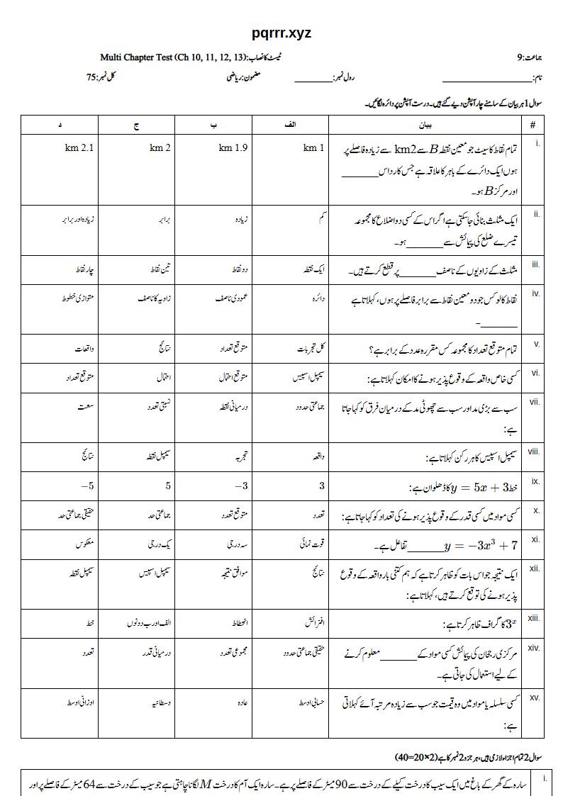 First page of 9th Mathematics – Chapters 10–13 – Multi Chapter Test, 75 marks (Urdu)