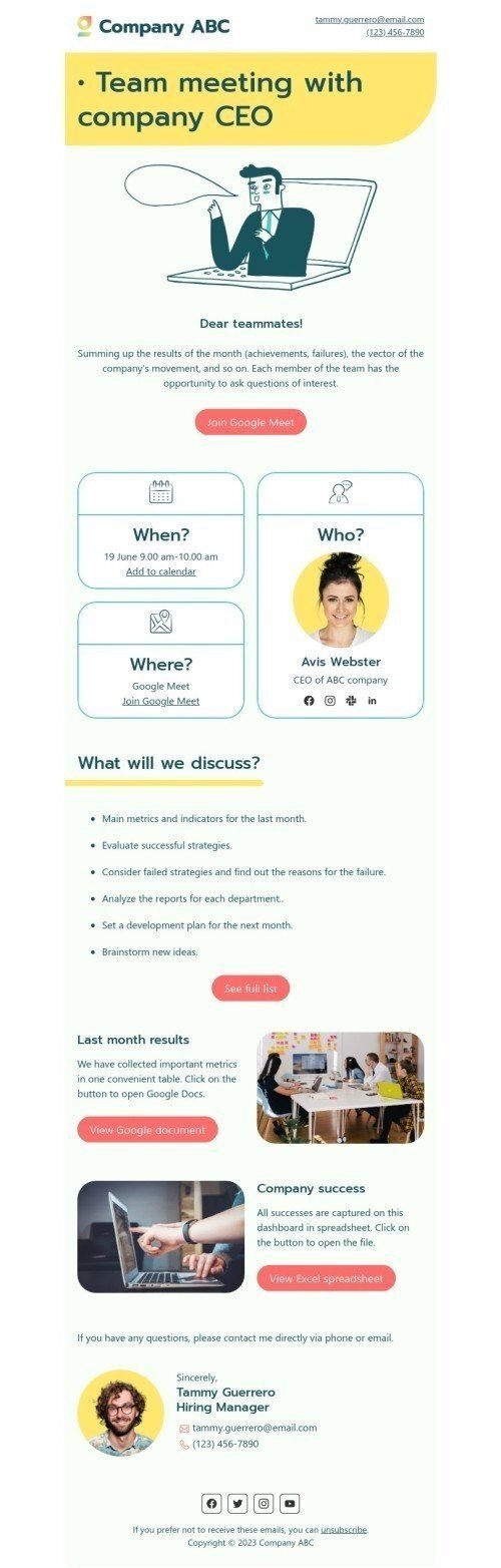 Internal email template "Team meeting" for human resources industry