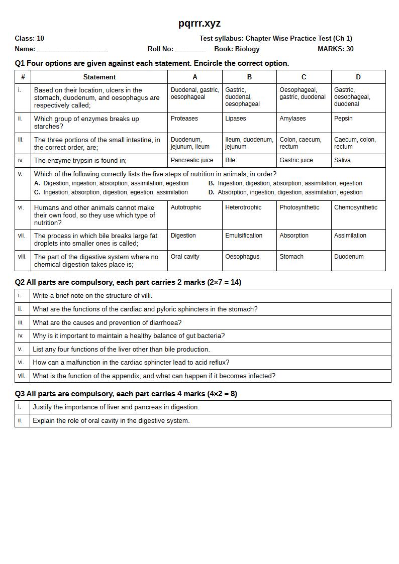 First page of 10th Biology – Chapter 1 – Human Digestive System – Chapter Wise Practice Test, 30 marks (English)