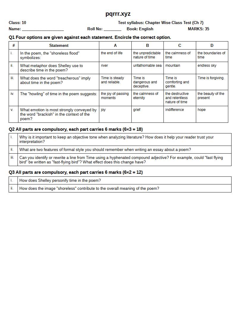 First page of 10th English – Chapter 7 – Time – Chapter Wise Class Test, 35 marks (English)
