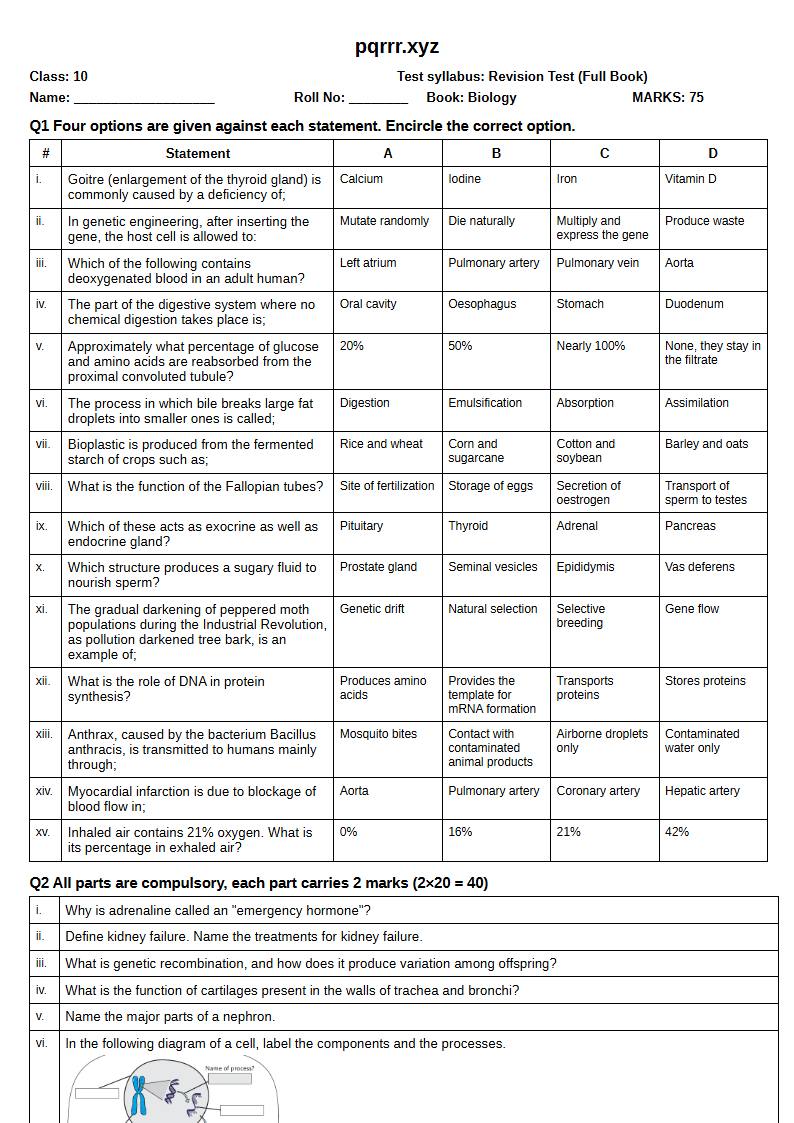 First page of 10th Biology – Complete book – Revision Test, 75 marks (English)