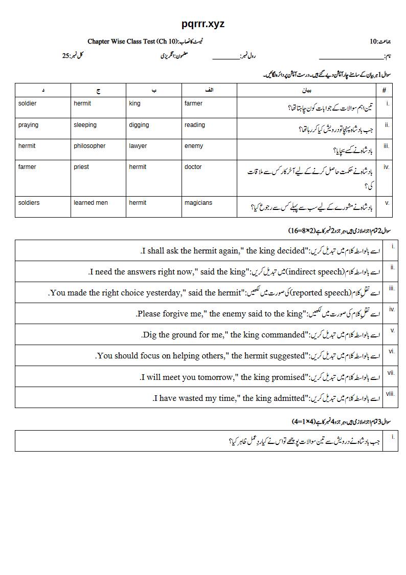 First page of 10th English – Chapter 10 – The Three Questions – Chapter Wise Class Test, 25 marks (Urdu)