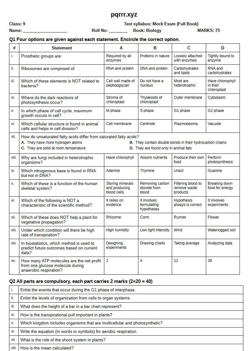 First page of 9th Biology – Complete book – Mock Exam, 75 marks (English)