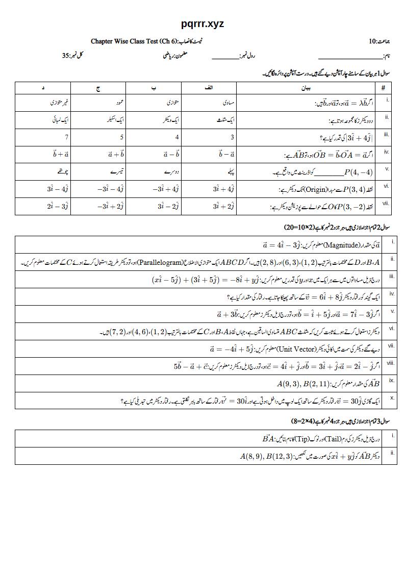 First page of 10th Mathematics – Chapter 6 – Vectors in Plane – Chapter Wise Class Test, 35 marks (Urdu)