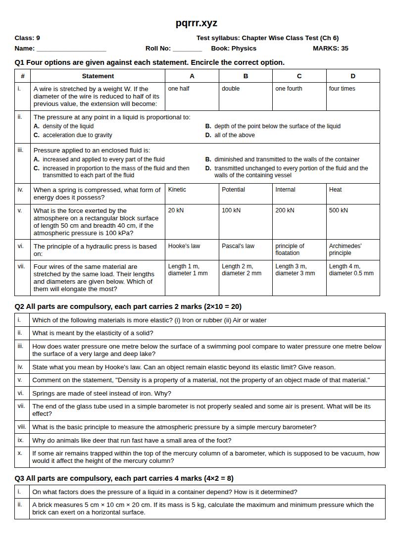 First page of 9th Physics – Chapter 6 – Mechanical Properties of Matter – Chapter Wise Class Test, 35 marks (English)