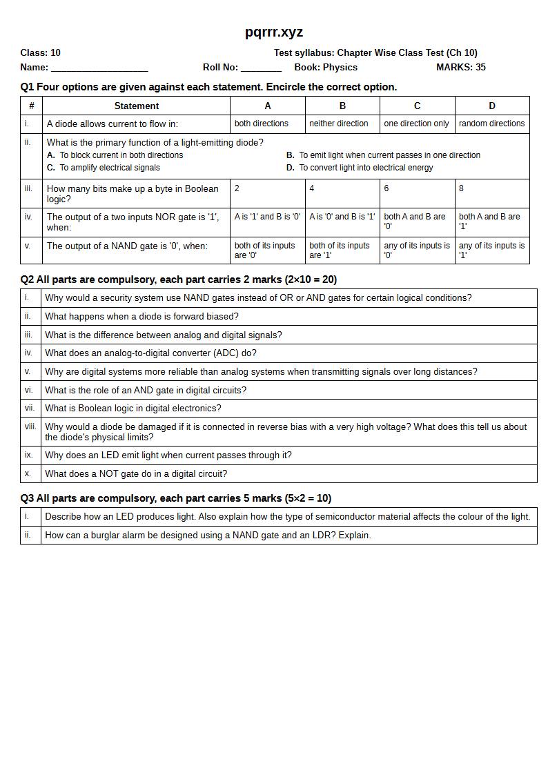 First page of 10th Physics – Chapter 10 – Electronics – Chapter Wise Class Test, 35 marks (English)