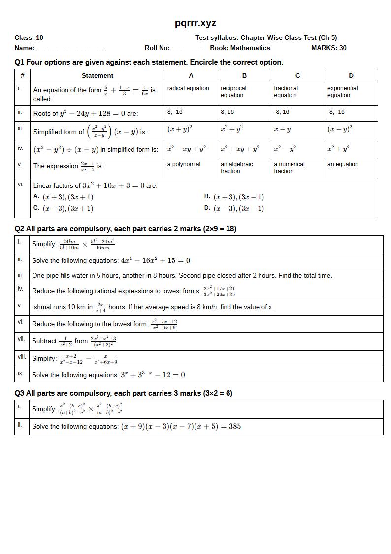 First page of 10th Mathematics – Chapter 5 – Algebraic Fractions – Chapter Wise Class Test, 30 marks (English)