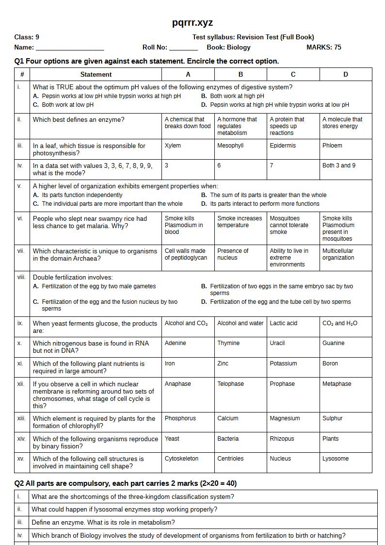 First page of 9th Biology – Complete book – Revision Test, 75 marks (English)