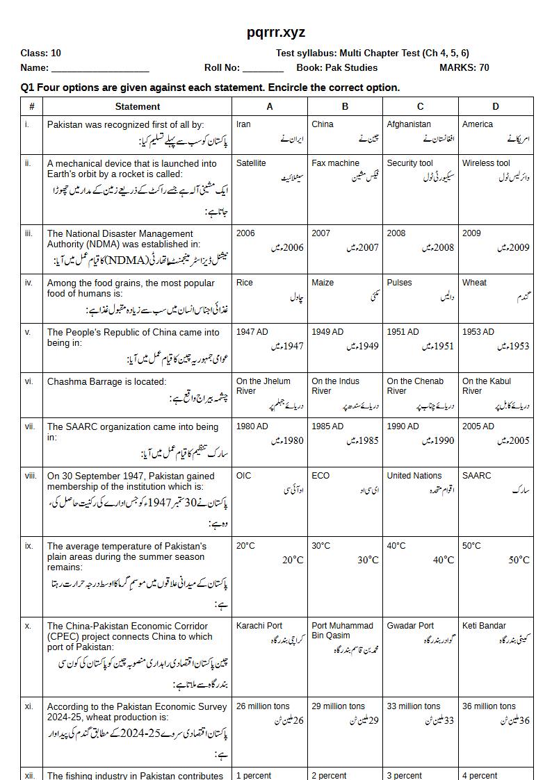 First page of 10th Pak Studies – Chapters 4–6 – Multi Chapter Test, 70 marks (English + Urdu)