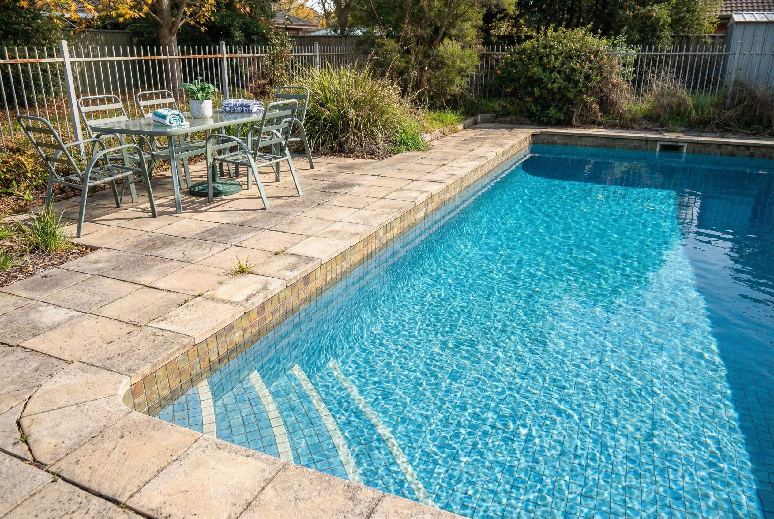 Pool area after cleanup with crystal clear water - Tenant Cleanup variant