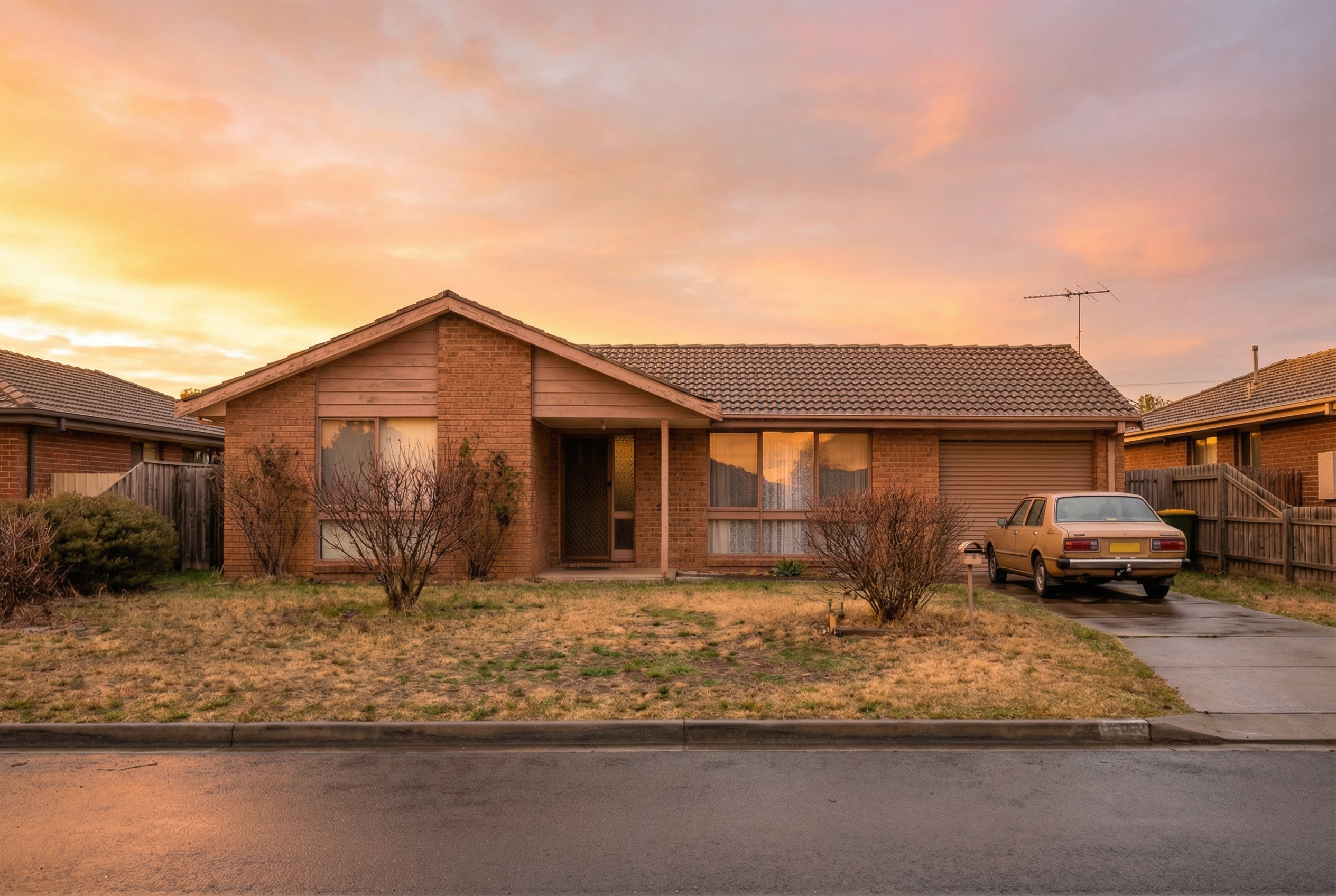 Property exterior with sunset golden sky - Sky Replacement variant