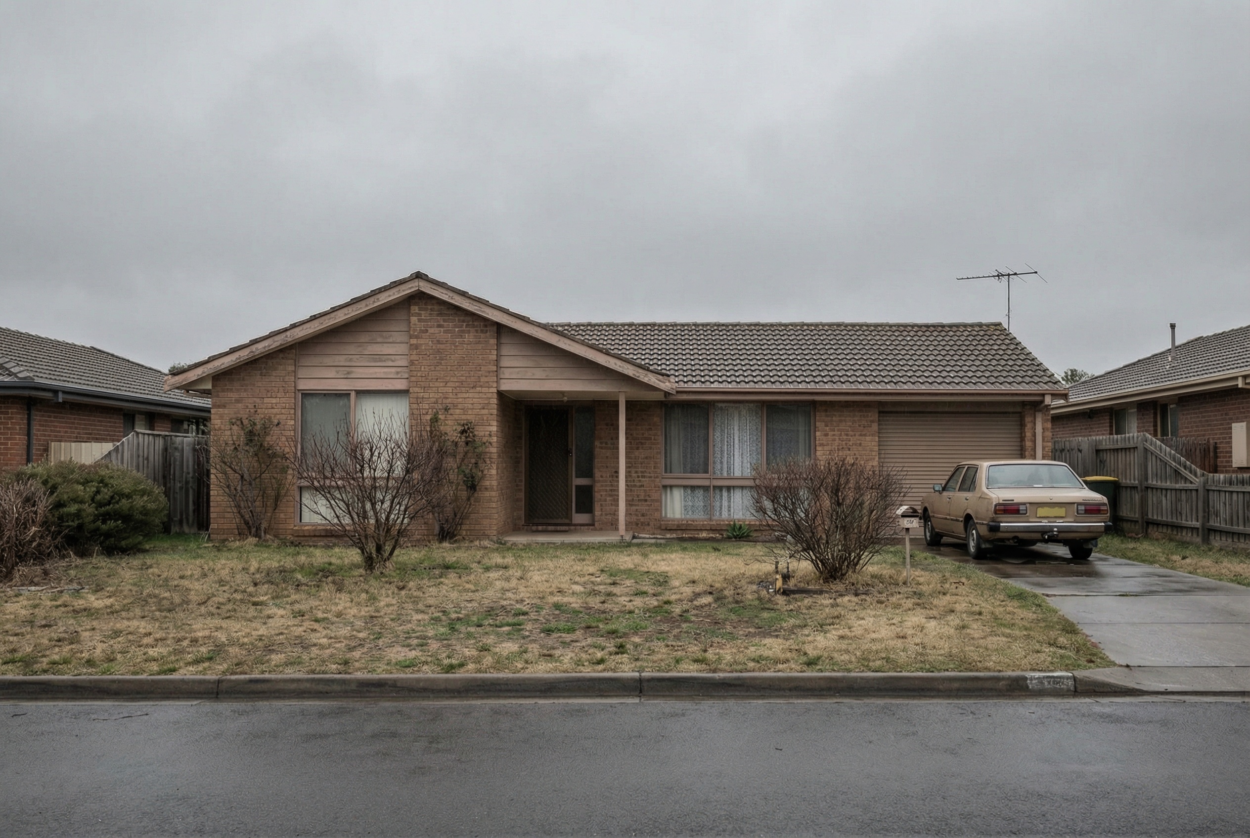 Property exterior with overcast grey sky - ebook version