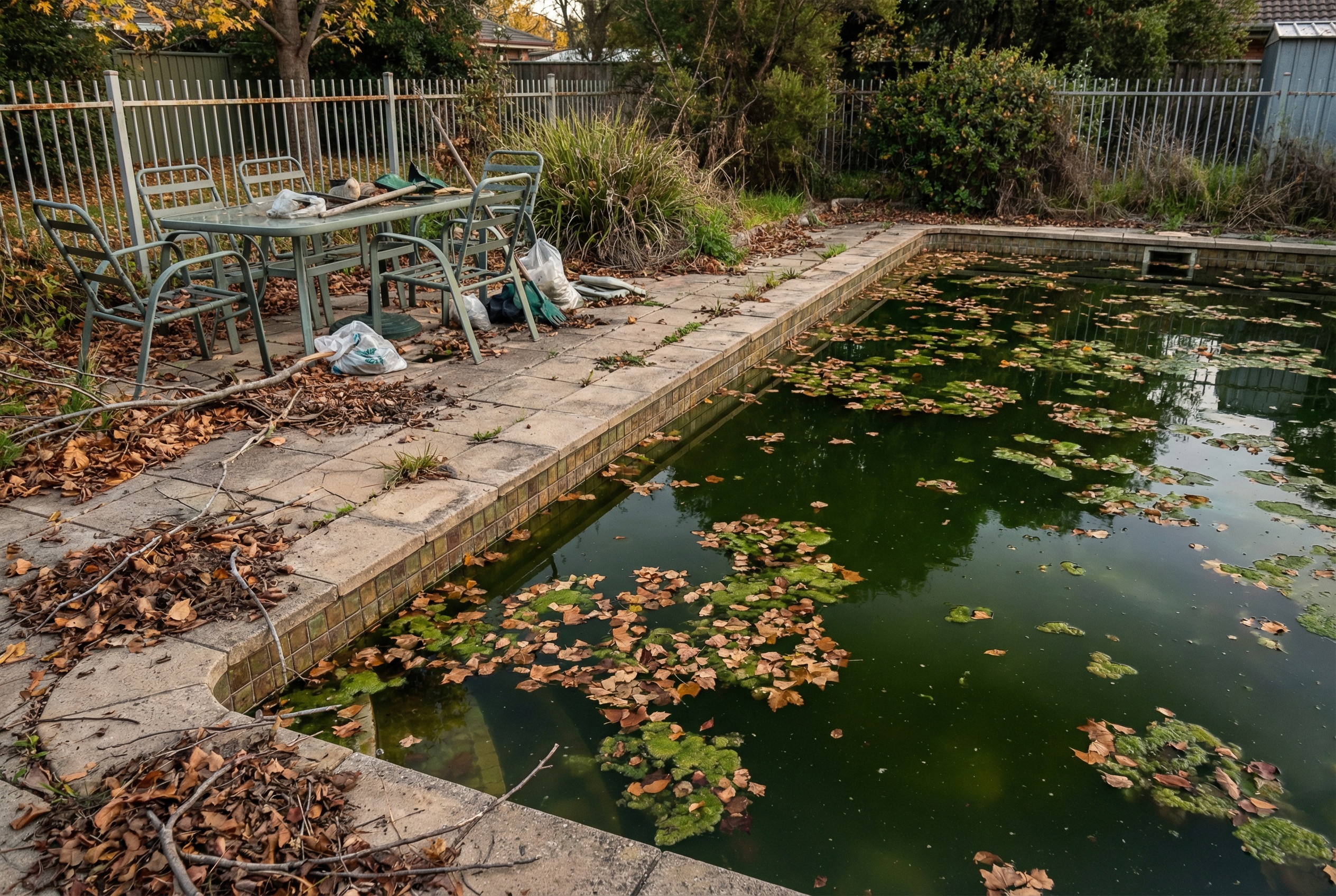 Pool area before cleanup with debris - Tenant Cleanup variant