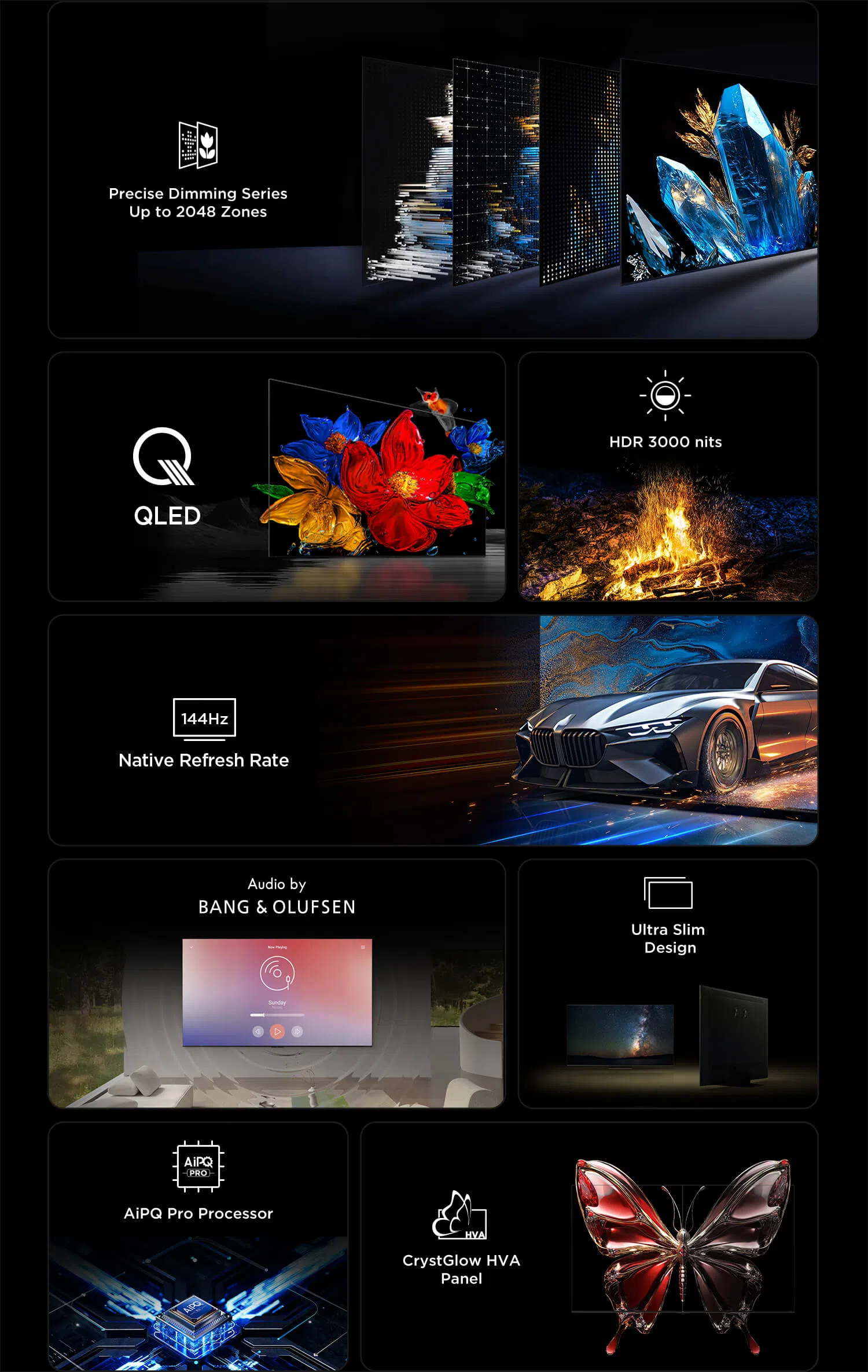 TCL C7K Premium QD-MiniLED Television, 50INCH-115INCH 4K UHD VA Display, 144Hz Native Refresh Rate, Audio by Bang & Olufsen, Dolby Atmos, Game Master, Google TV Operating System, Black 